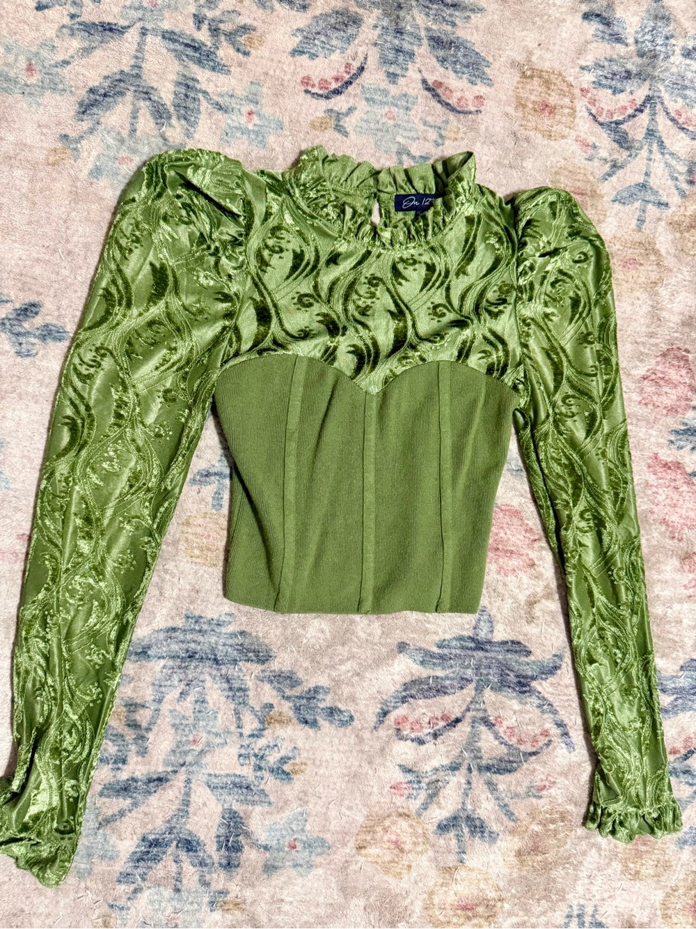 Green Satin-Blend Corset Top with Puff Sleeves